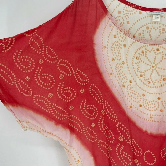 CoolChange Blouse Womens Sz SM Red Cream Paisley Dolman Sleeve Elastic Hem Tunic - Picture 4 of 8